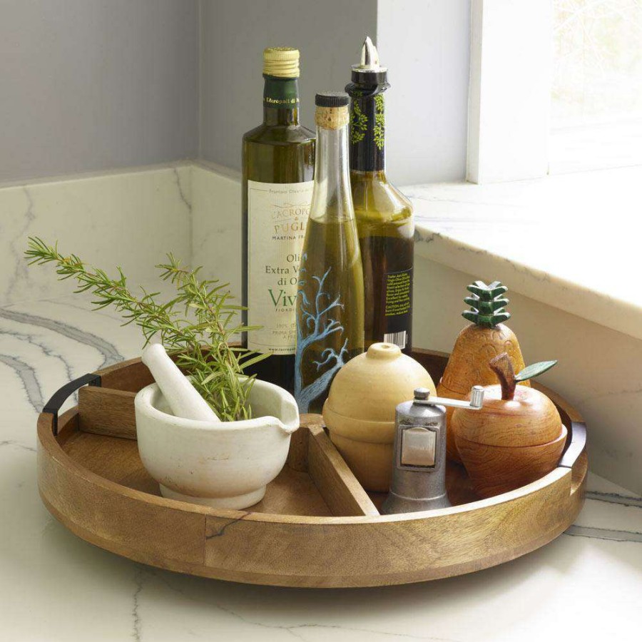 Entertaining * | Outlet Gourmet Basics Lazy Susan Mango Wood Serve Tray With Removable Dividers, 18 Inch